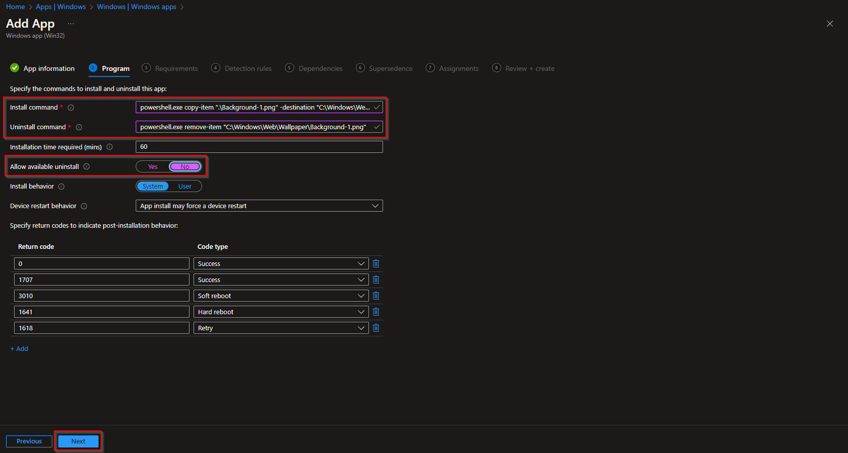 Configuring program install and uninstall commands